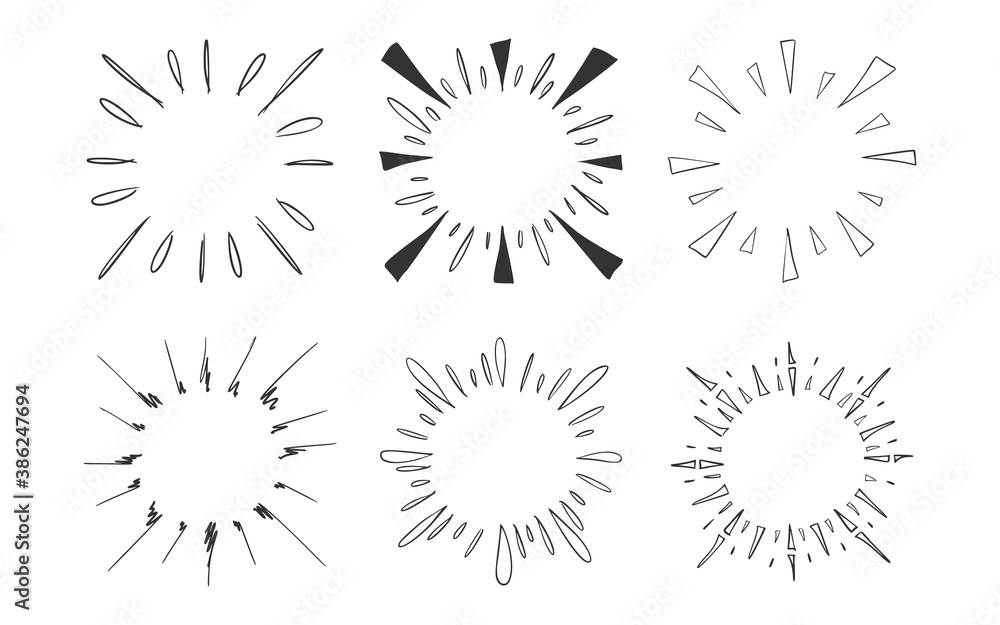 Set of Hand drawn vector of sunburst template, isolated on white background. Set of Hand drawn vector of sunburst template, isolated on white background.