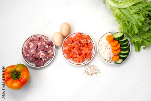 Pet dog food from natural ingredients. Raw meat, fish, vegetables, eggs and salad. concept of a correct balanced and healthy nutrition for pet,