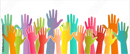 Colored volunteer crowd hands isolated on white background. Raised hand silhouettes, people colorful voting  illustration. Teamwork, collaboration, voting, volunteering concert.