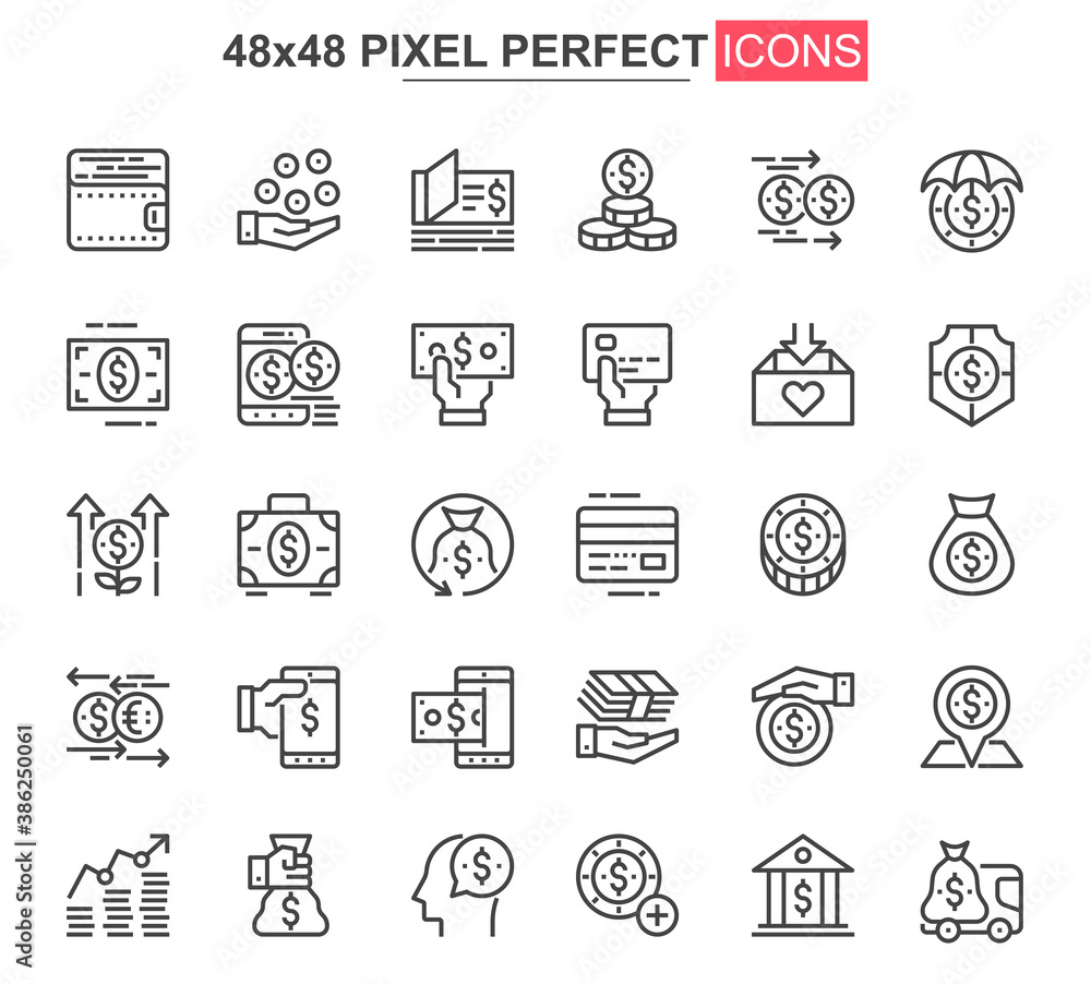 Money thin line icon set. Money management and saving outline pictograms for website and mobile app GUI. Capital investment simple UI, UX vector icons. 48x48 pixel perfect pictogram pack. Money thin line icon set. Money management and saving outline pictograms for website and mobile app GUI. Capital investment simple UI, UX vector icons. 48x48 pixel perfect pictogram pack.