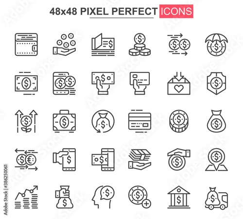 Money thin line icon set. Money management and saving outline pictograms for website and mobile app GUI. Capital investment simple UI, UX vector icons. 48x48 pixel perfect pictogram pack.