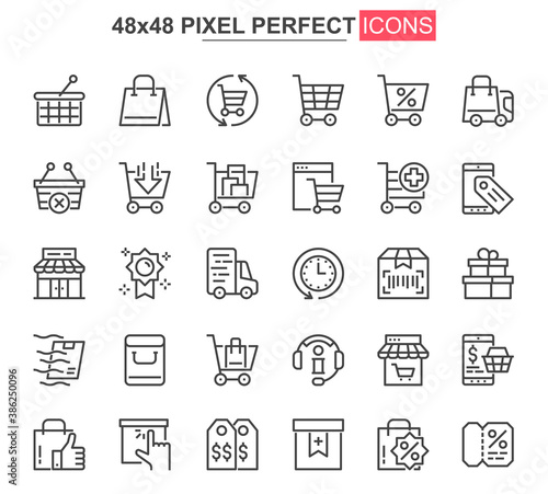 Online shopping thin line icon set. Internet marketplace outline pictograms for website and mobile app. Online order and delivery simple UI, UX vector icons. 48x48 pixel perfect pictogram pack.