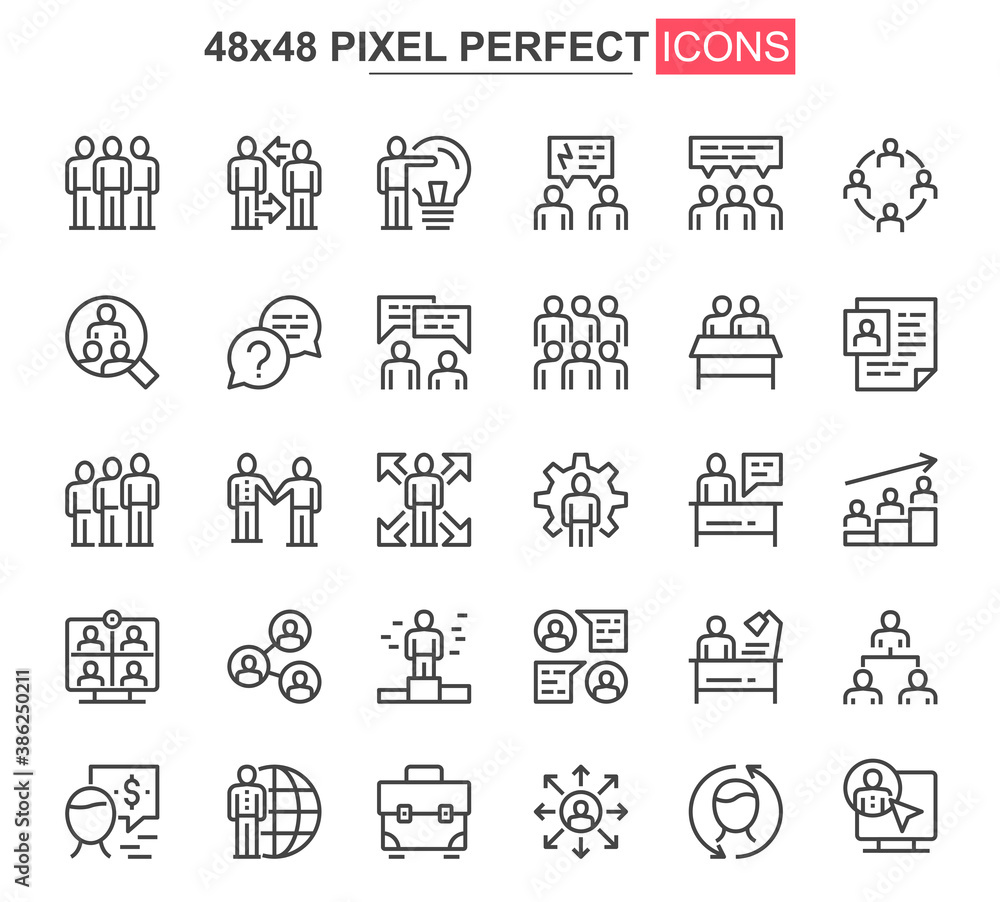 Teamwork thin line icon set. Business team collaboration outline pictograms for website and mobile app GUI. Human resource simple UI, UX vector icons. 48x48 pixel perfect pictogram pack. Teamwork thin line icon set. Business team collaboration outline pictograms for website and mobile app GUI. Human resource simple UI, UX vector icons. 48x48 pixel perfect pictogram pack.