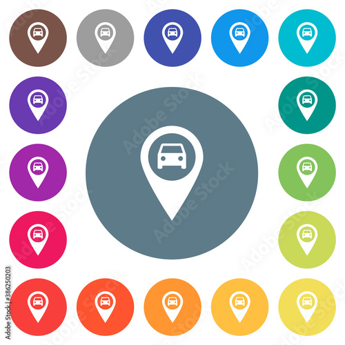 Vehicle GPS map location flat white icons on round color backgrounds