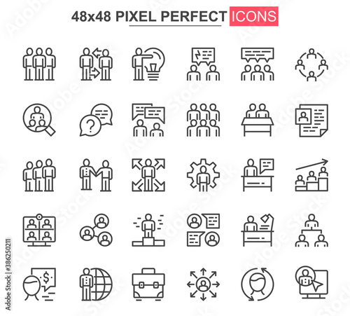Teamwork thin line icon set. Business team collaboration outline pictograms for website and mobile app GUI. Human resource simple UI, UX vector icons. 48x48 pixel perfect pictogram pack.