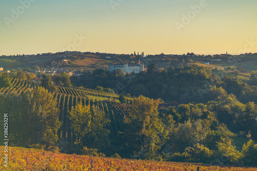 costigliole d'asti, piedmont, italy, monferrato town during fall season. barbera wine area photo