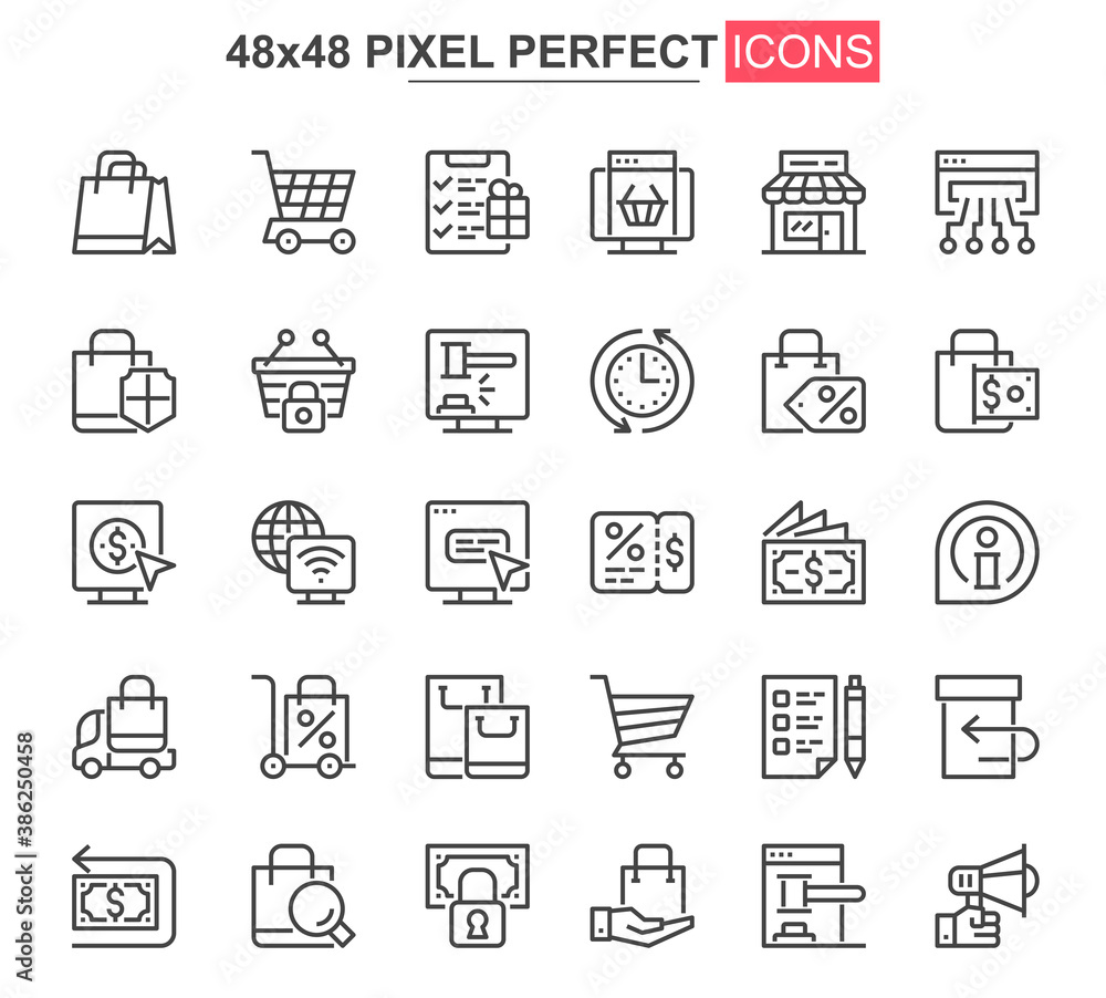 E-commerce thin line icons set. Online shopping, internet marketplace unique design icons. Customer support, order and delivery service outline vector bundle. 48x48 pixel perfect linear pictogram pack E-commerce thin line icons set. Online shopping, internet marketplace unique design icons. Customer support, order and delivery service outline vector bundle. 48x48 pixel perfect linear pictogram pack