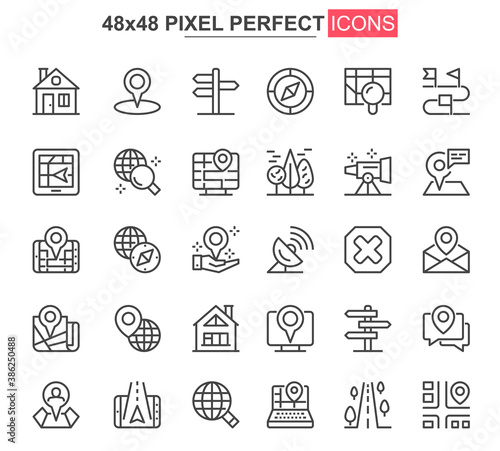 Navigation thin line icons set. Destination and route tracking unique design icons. Geolocation and positioning, GPS navigation outline vector bundle. 48x48 pixel perfect linear pictogram pack.