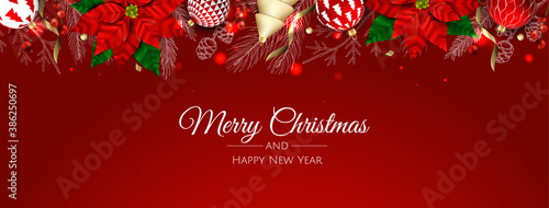 Merry Christmas and Happy New Year Holiday. Xmas design with realistic vector 3d objects, golden christmass ball, snowflake, glitter gold confetti.