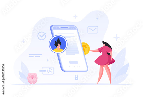 Female character replenishes online account to friend in smartphone vector illustration