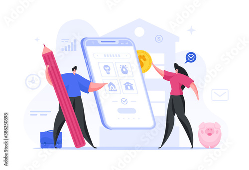 Family pay for utilities through an online application in smartphone vector concept