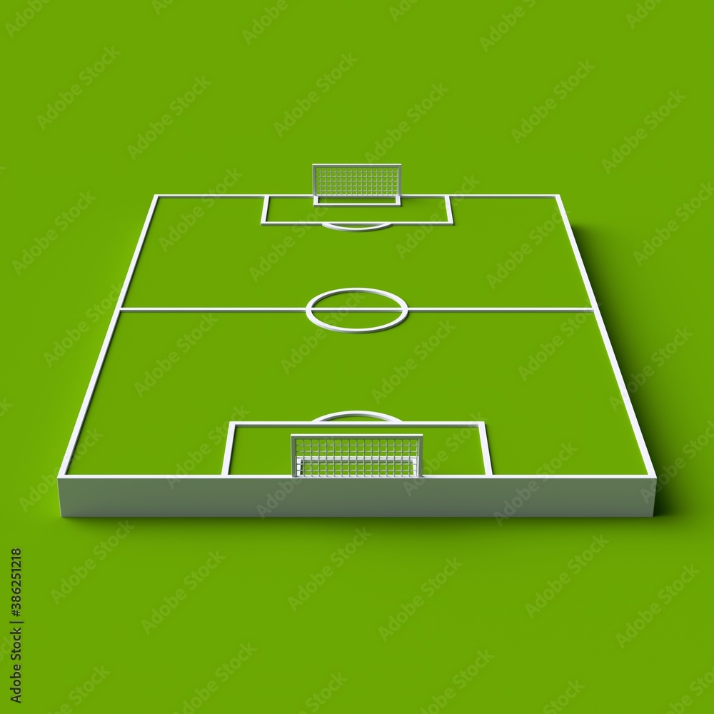 Fototapeta premium 3d render, simple football or soccer field isometric scheme isolated on green background. Sport playground perspective view, sportive game.