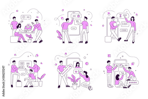 Illustrations of people doing social media marketing