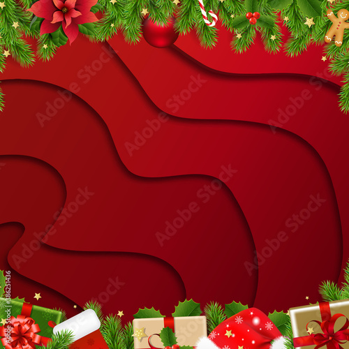 Christmas Border With Fir Tree Red Background With Gradient Mesh, Vector Illustration