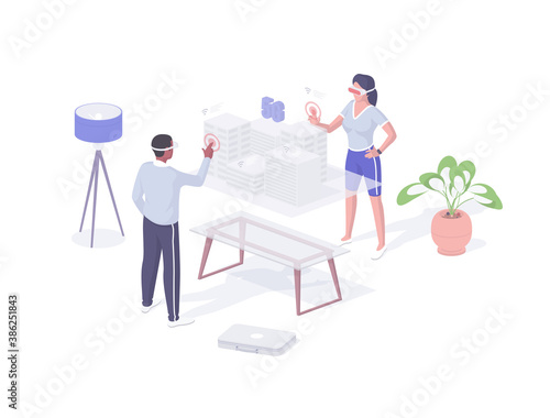 Designers create project in VR mode isometric vector . Male and female characters in virtual reality glasses design.