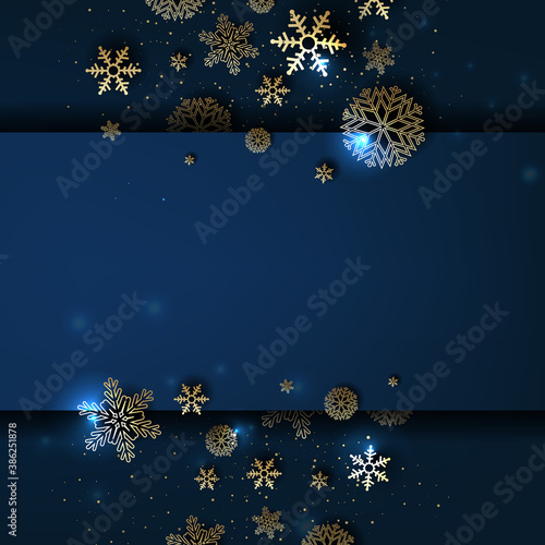 Blue Winter Poster With Golden Snowflakes With Gradient Mesh, Vector Illustration