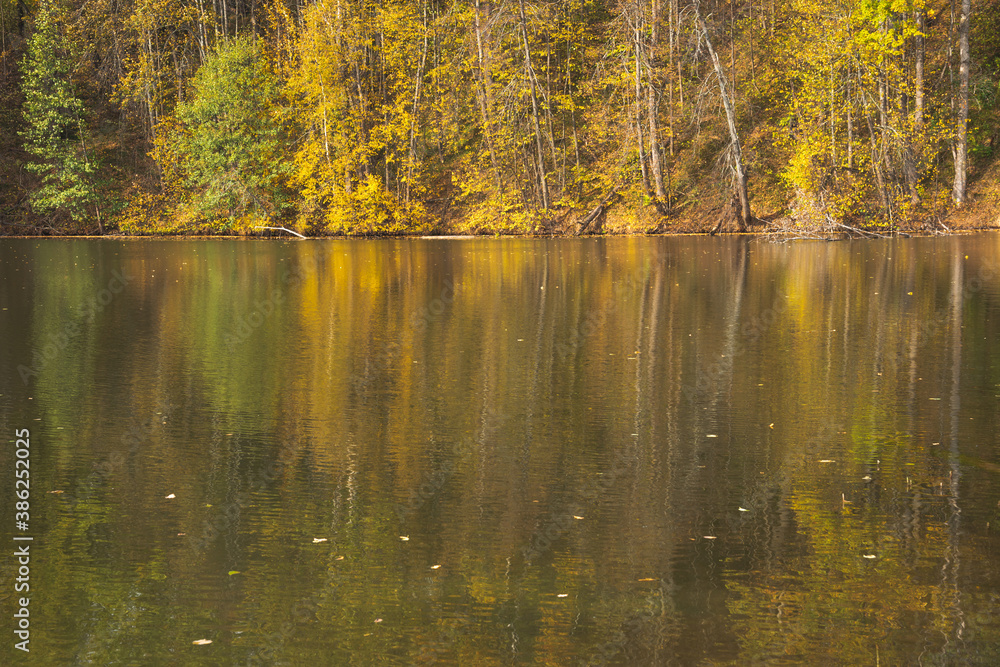Fototapeta premium Colorful autumn forest reflected in the lake water
