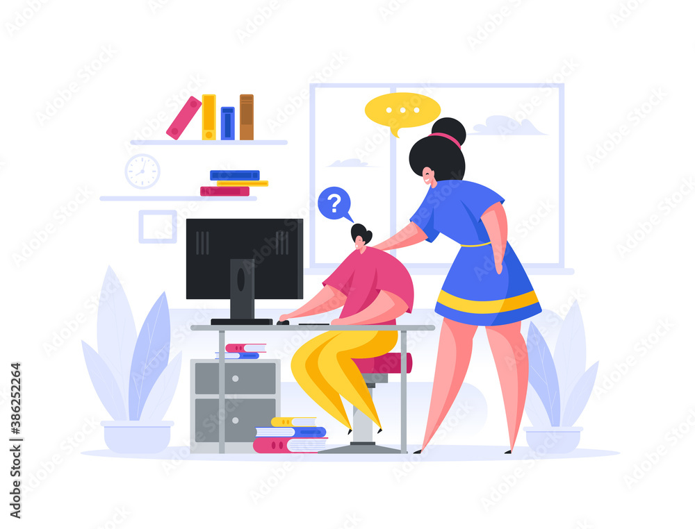 Mother helping son during online lesson at home Mother helping son during online lesson at home