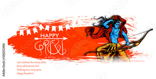 
Greeting card with bow and illustration of Lord Rama killing Ravana in Navratri festival of India with hindi text meaning Dussehra (Hindu holiday Vijayadashami). Vector illustration.