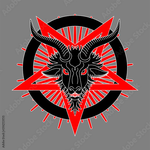Baphomet goat head. Satanic symbol. Satan with Demon. Devil symbol pentagram.