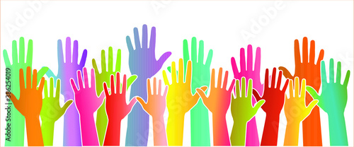Colored volunteer crowd hands isolated on white background. Raised hand silhouettes, people colorful voting  illustration. Teamwork, collaboration, voting, volunteering concert.