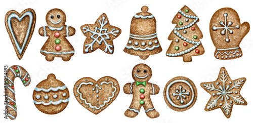 Christmas gingerbread cookies set, mitten heart bell winter holiday sweet food. Watercolor illustration isolated on white background. Xmas gift and tree decorations. Greeting card design concept