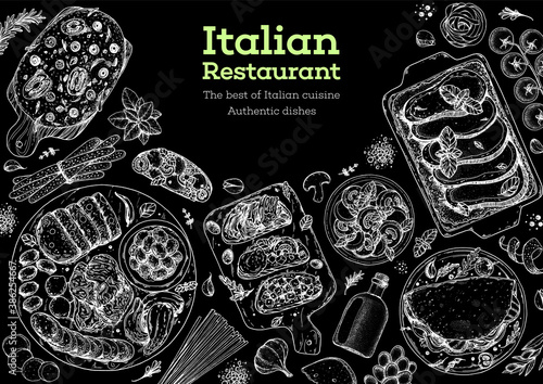 Italian food menu sketches. Design template. Hand drawn illustration. Italian cuisine. Food sketch. Black and white. Engraved style.