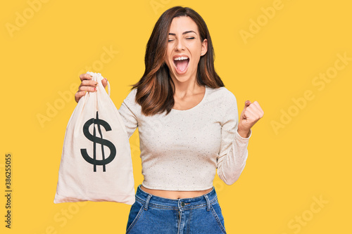 Young brunette woman holding dollars bag screaming proud, celebrating victory and success very excited with raised arms