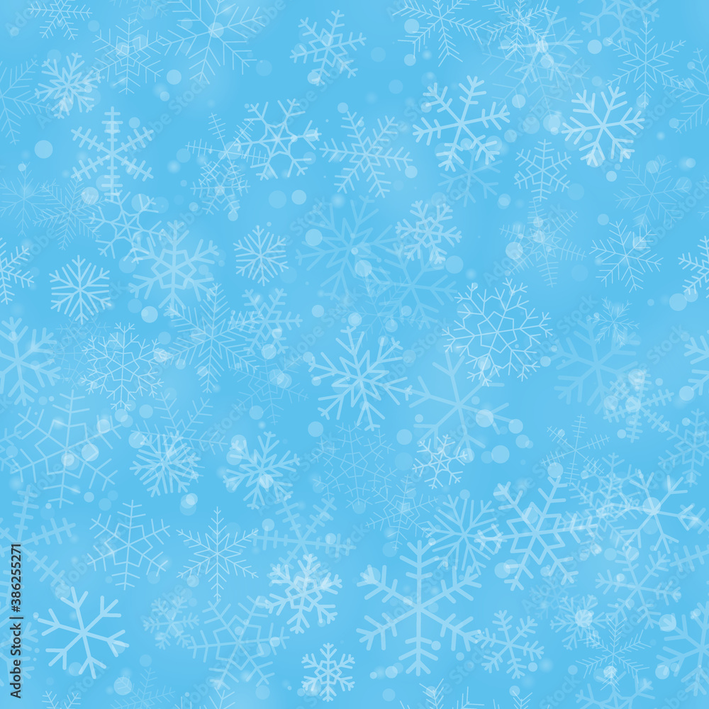 Christmas seamless pattern of snowflakes of different shapes, sizes and transparency, on light blue background Christmas seamless pattern of snowflakes of different shapes, sizes and transparency, on light blue background