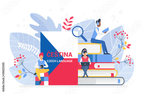 Online language courses flat vector illustration. Distance education, remote school, Czech university. Internet class, e learning language school isolated. Students reading Czech books.