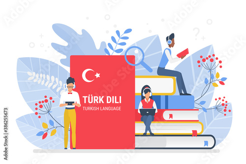 People learning Turkish language vector illustration. Turkey distance education, online learning courses concept. Students reading books cartoon characters. Teaching foreign languages photo
