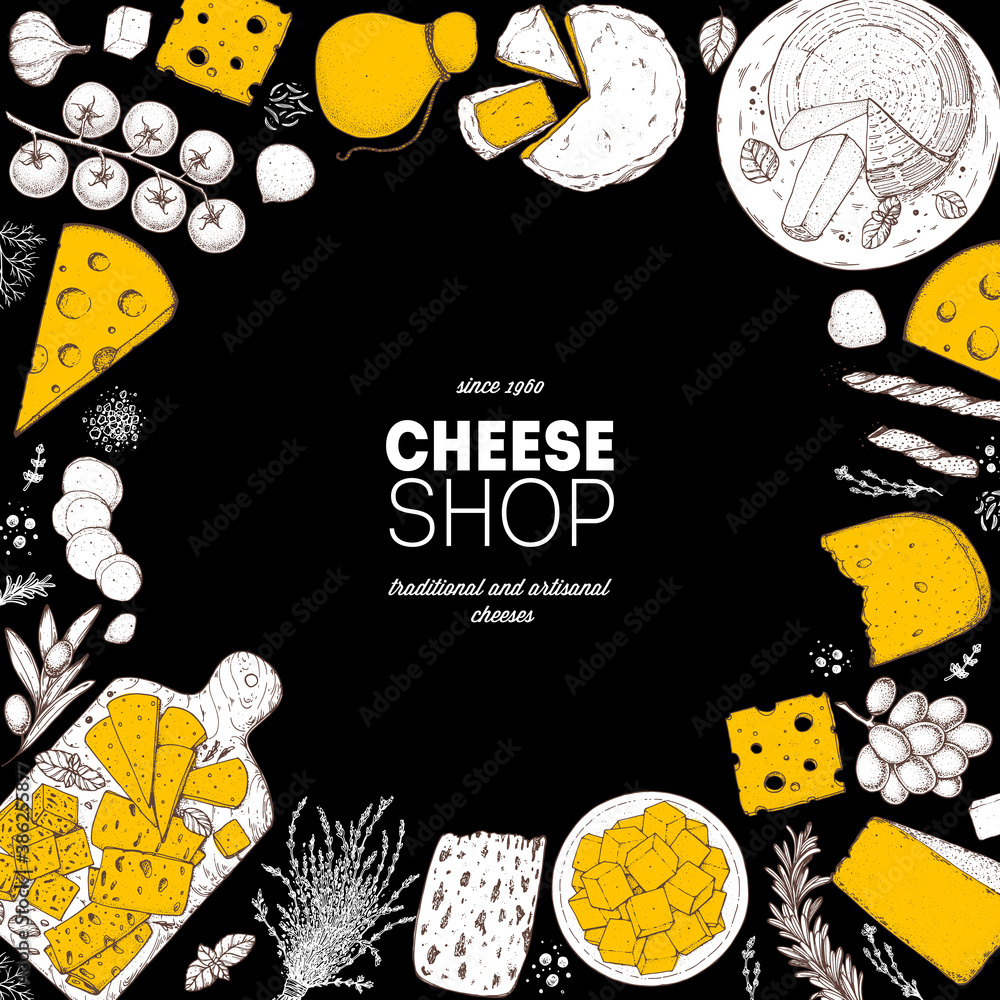 Cheese design template. Hand drawn sketch. Retro food background ...