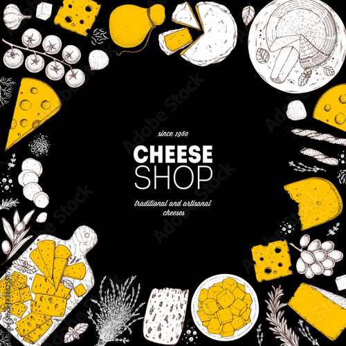 Cheese design template. Hand drawn sketch. Retro food background. Different cheese kinds banner. Dairy farm products cheese.