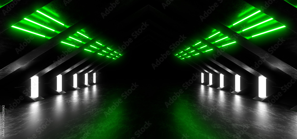Fototapeta premium A dark corridor lit by colorful neon lights. Reflections on the floor and walls. 3d rendering image.