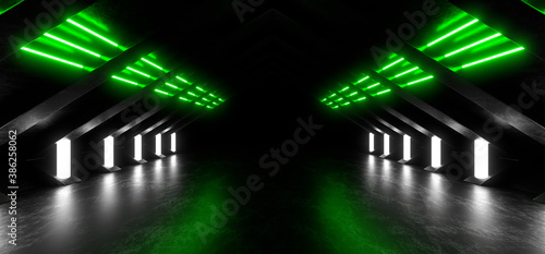 Fototapeta Naklejka Na Ścianę i Meble -  A dark corridor lit by colorful neon lights. Reflections on the floor and walls. 3d rendering image.