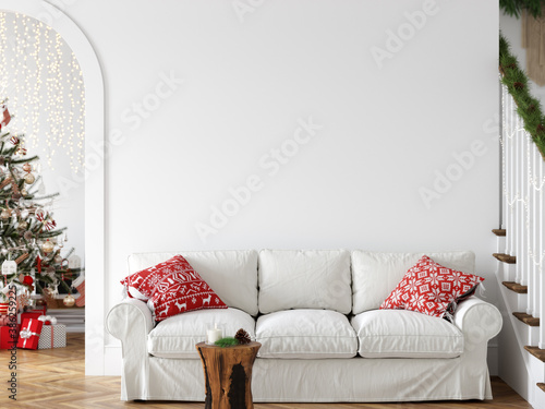 Living Room Christmas interior in Scandinavian style. Christmas tree, toys, gift boxes. Wall Mockup. Poster Mockup. Canva Mockup. 3d rendering, 3d illustration