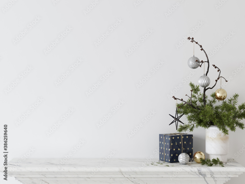 Living Room Christmas interior in Scandinavian style. Christmas tree, toys, gift boxes. Wall Mockup. Poster Mockup. Canva Mockup. 3d rendering, 3d illustration - obrazy, fototapety, plakaty 