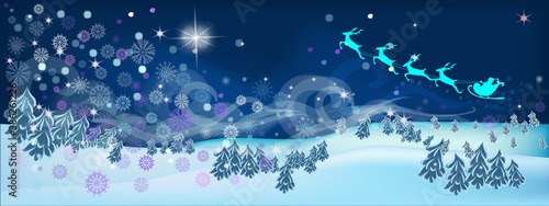 Santa is flying across the sky over a winter snowy landscape. Christmas star in the night sky and a fabulous snowstorm of beautiful snowflakes. Panoramic vector illustration.