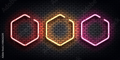 Vector set of realistic isolated neon sign of hexagon frame for template and layout.