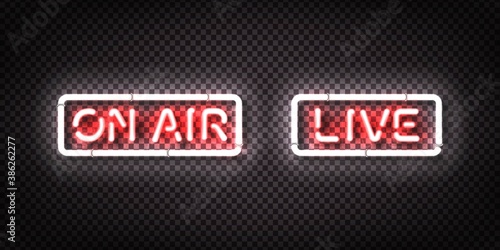 Vector set of realistic isolated neon sign of Live and On Air on the transparent backround. Concept of podcast and live streaming.