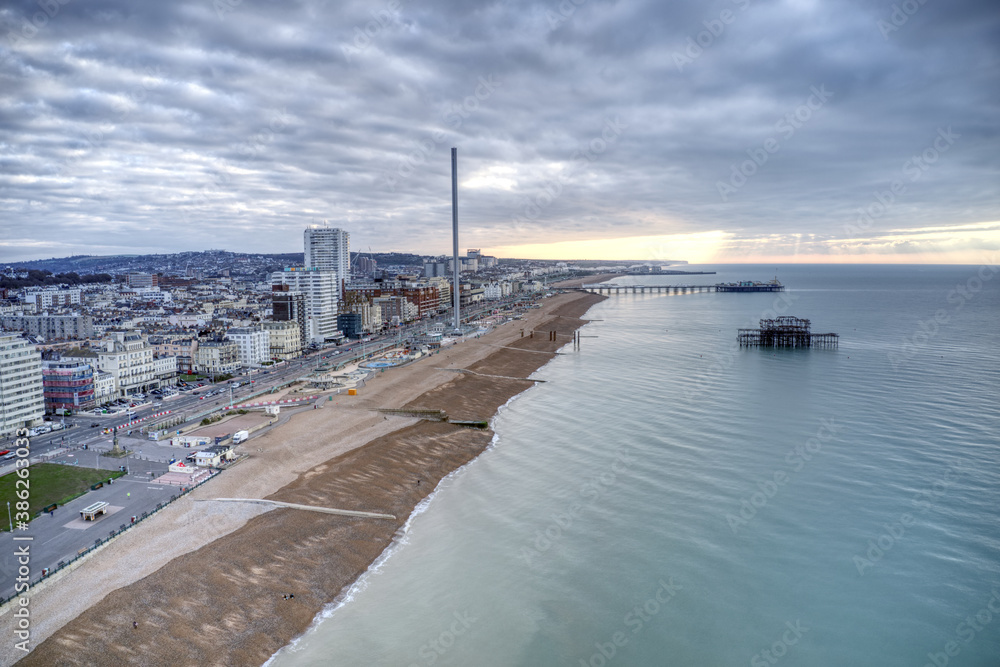 Brighton Seafront viewed from the air after a beautiful sunrise.