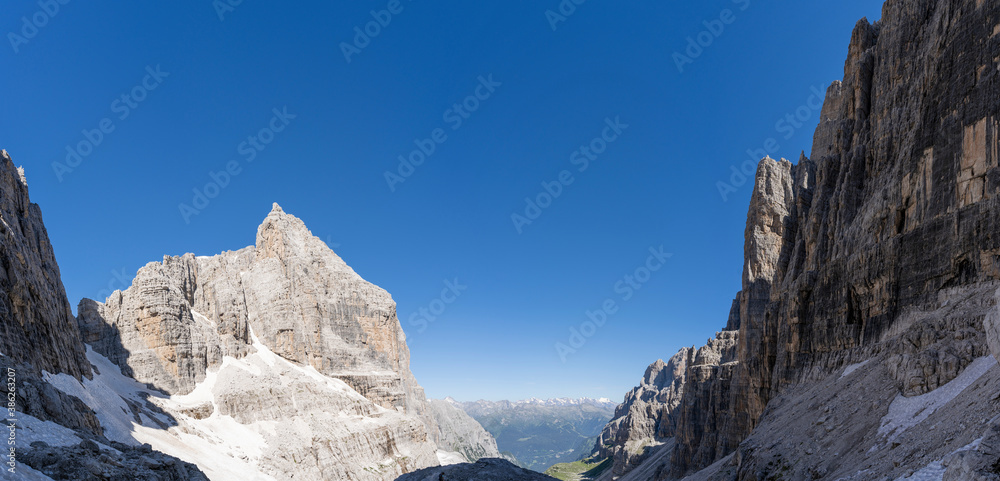 panoramic view on the mountain ranges of the dolomites