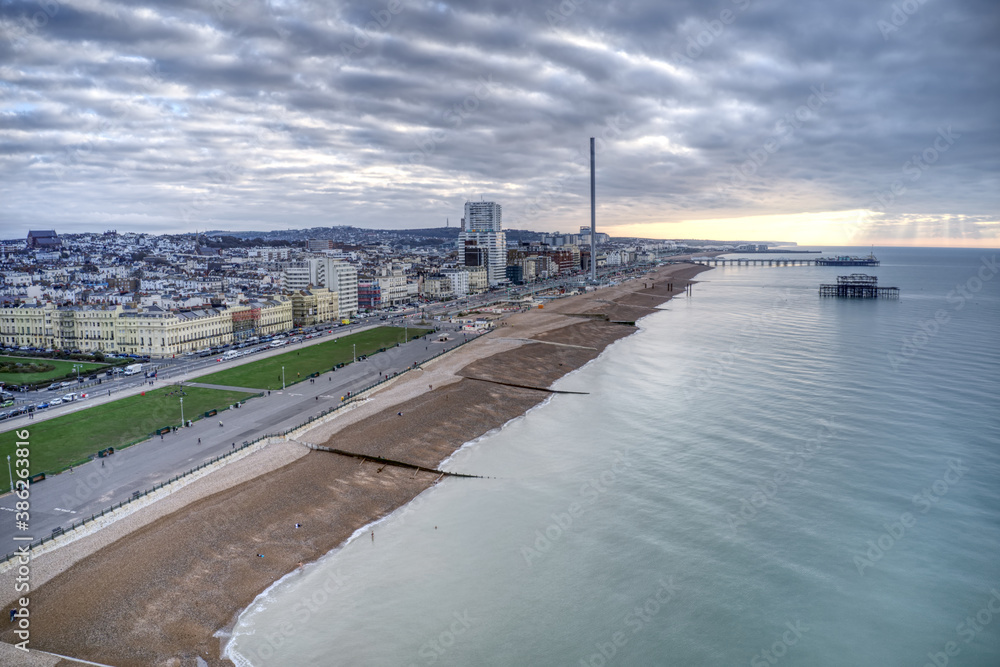 Aerial view of Brighton Seafront just after sunrise wich produces a dramatic cloud effect.