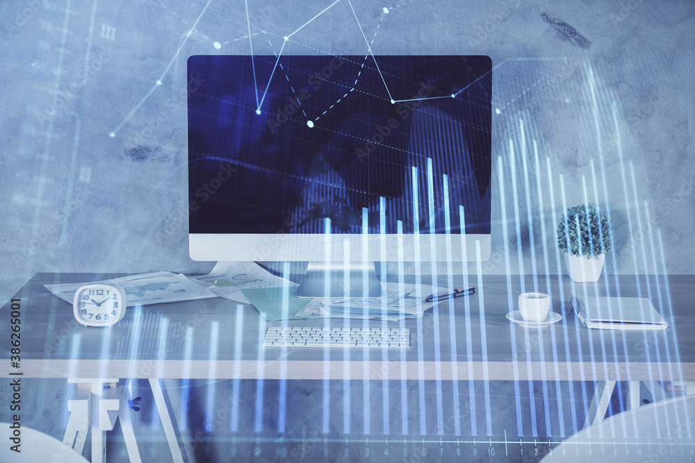 Multi exposure of financial graph drawing and office interior background. Concept of market analysis. Multi exposure of financial graph drawing and office interior background. Concept of market analysis.