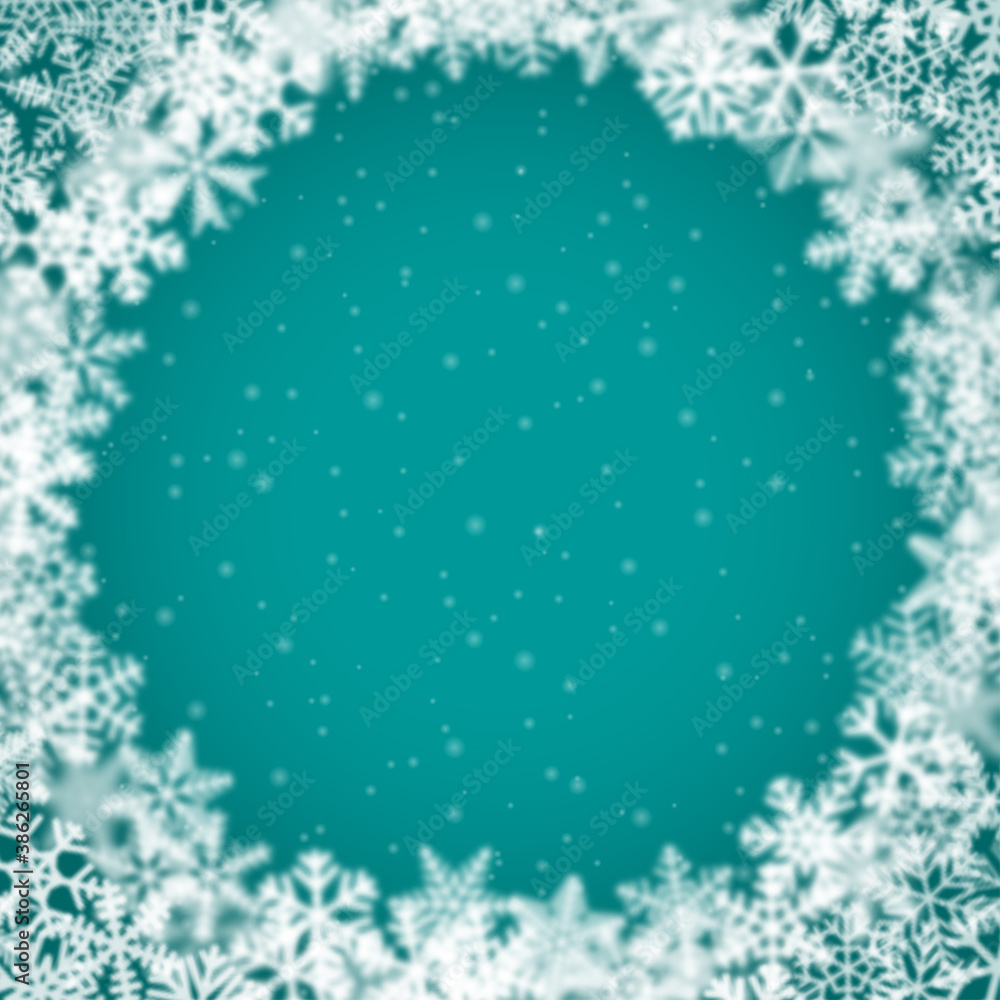 Christmas background of snowflakes of different shape, blur and transparency, arranged in a circle, on turquoise background Christmas background of snowflakes of different shape, blur and transparency, arranged in a circle, on turquoise background