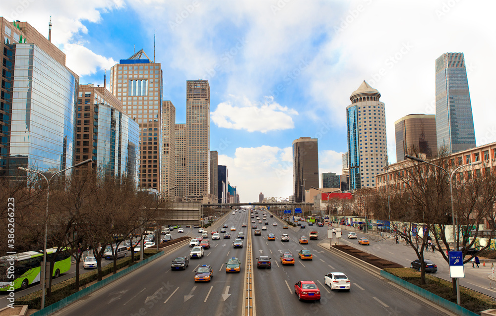 Obraz premium Skyline and traffic in Beijing's Central Business District. Beijing, China