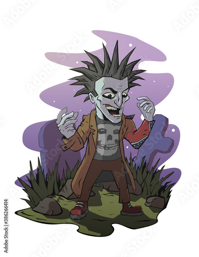 Punk zombie vampire in the cemetery at night. vector character illustration