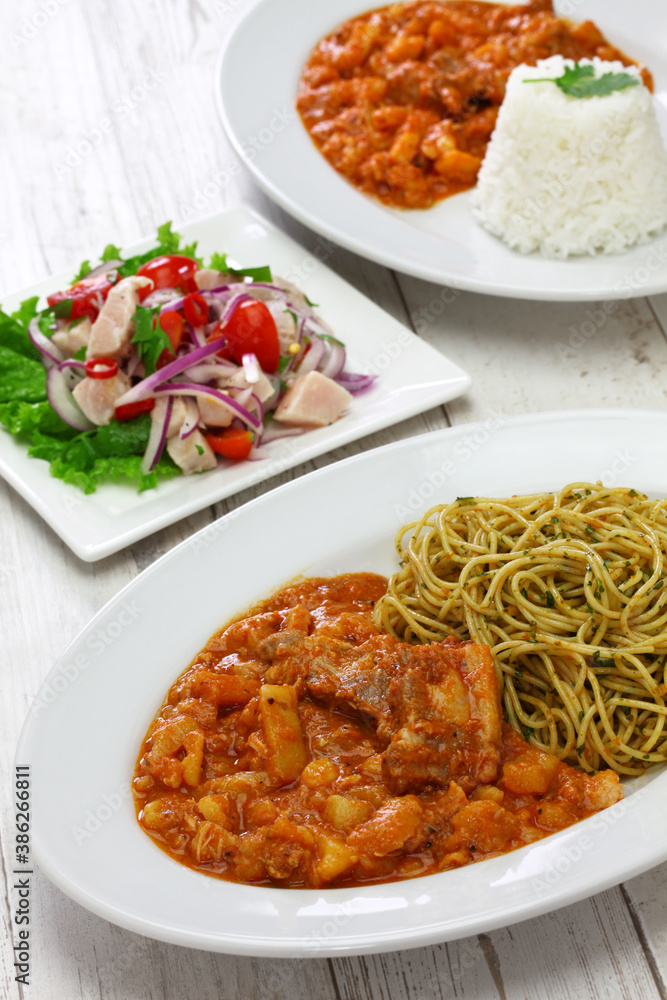 carapulcra con sopa seca and ceviche, peruvian dried potato stew with basil pasta and marinated fish salad
