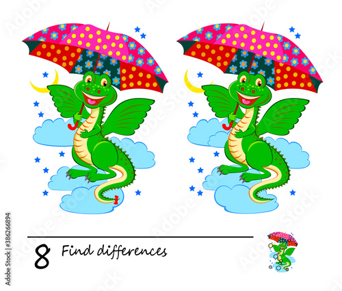 Find 8 differences. Illustration of cute dragon holding umbrella. Logic puzzle game for children and adults. Brain teaser book for kids. Play online. Developing counting skills. IQ test.