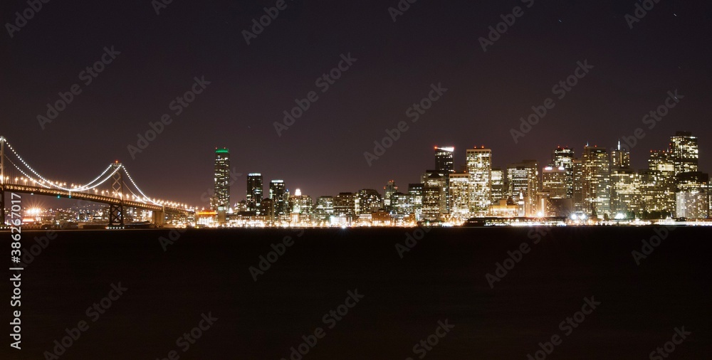 Panoramic view of San Francisco (SF) city skyline with Golden Gate Bridge and downtown 
